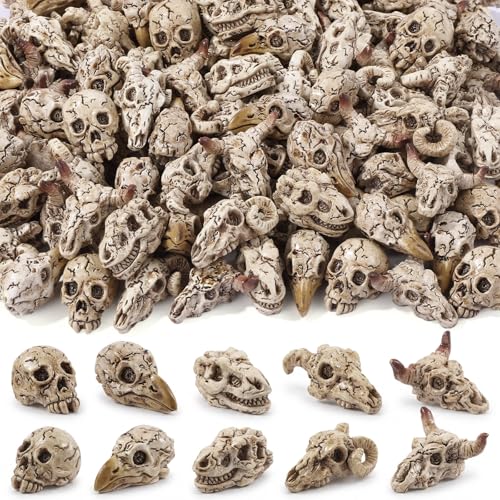 DIYDEC 100pcs Halloween Mini Skulls 5 Styles Miniature Resin Skeleton Heads Figures to Hide Toys Little Tiny Resin Skulls for Crafts Halloween Party Favors Bag Fillers Garden Dollhouse Decor