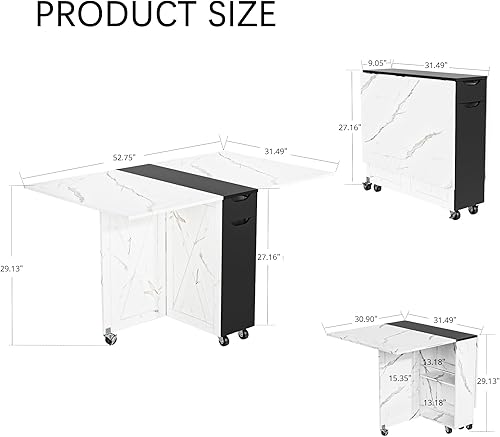Miniatura 4 de Mesa de comedor plegable, mesa de comedor con cajón y almacenamiento y estantes, mesa de comedor que ahorra espacio con 6 ruedas, mesa de cocina