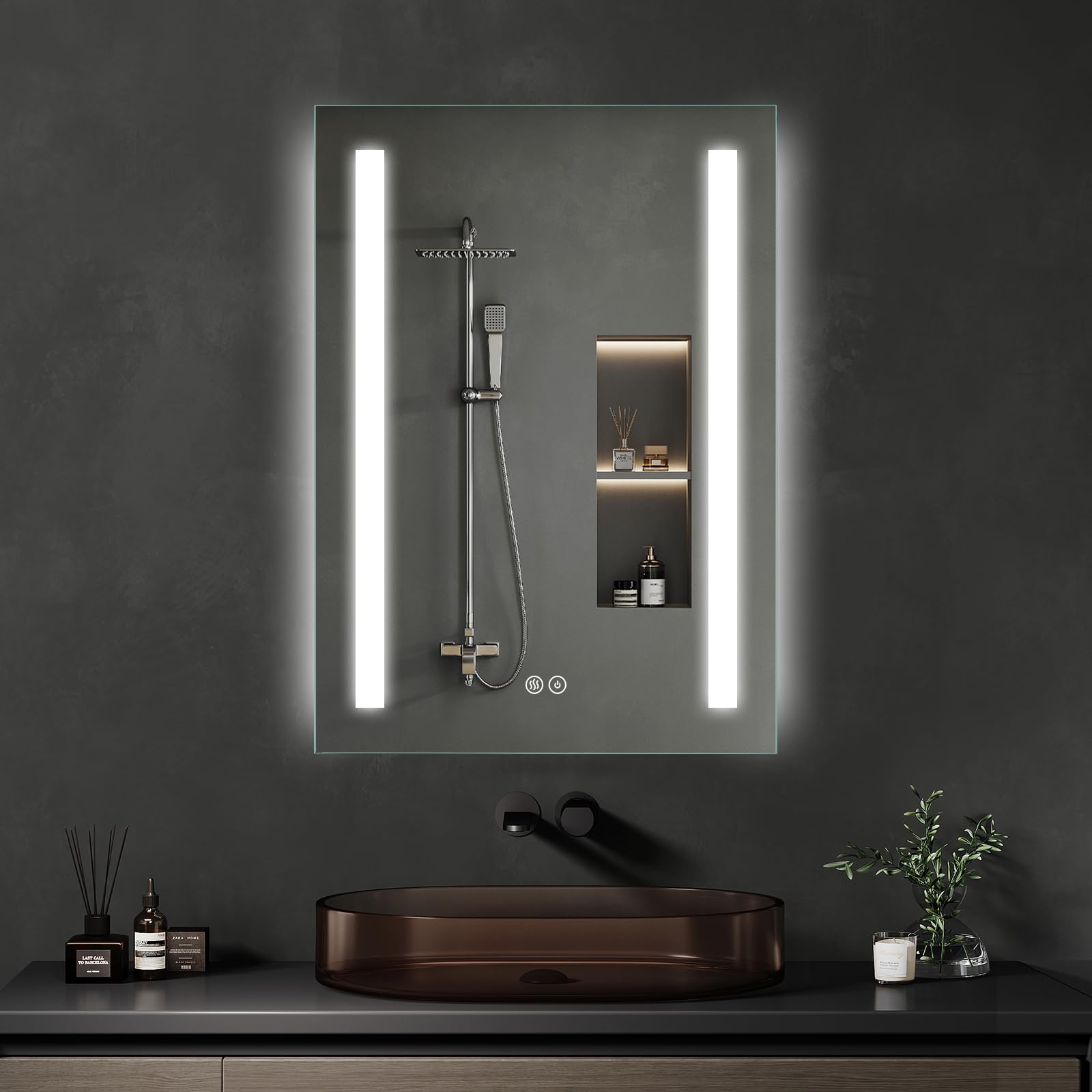 Espejo de baño con iluminación LED, antiniebla, interruptor táctil, regulable, 3 colores de luz, espejo de pared ovalado, horizontal/vertical (sin vaho, 3 colores de luz+rectángulo, 40 x 60