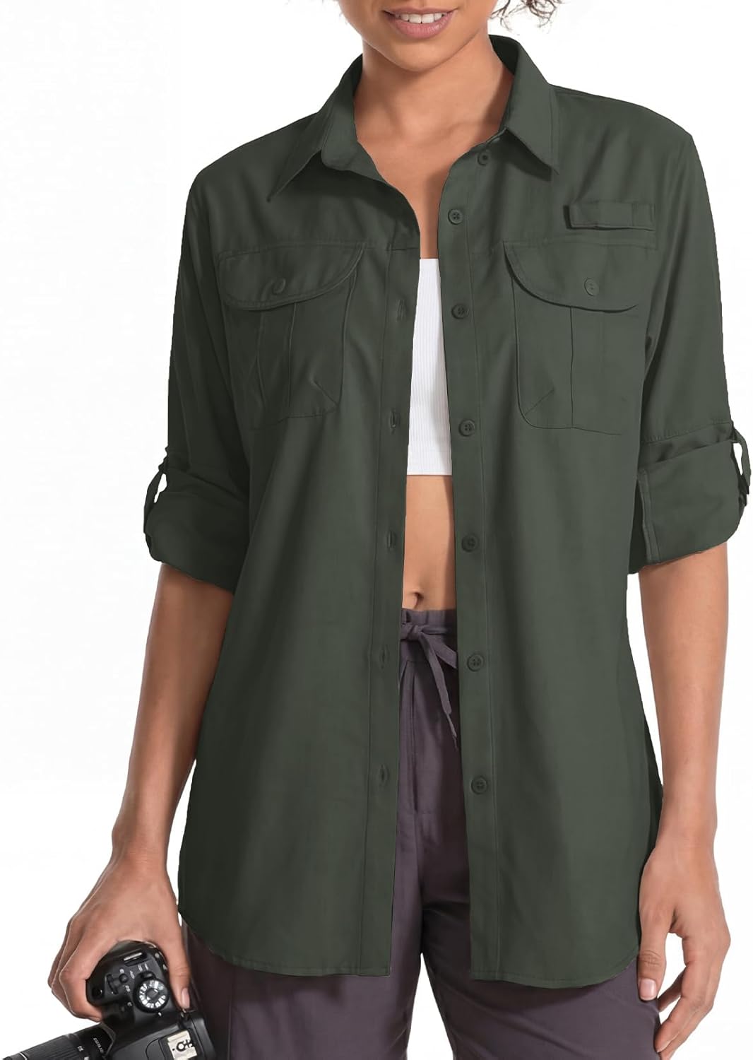 Womens UPF 50 Long Sleeve Sun Shirt Safari Hiking Fishing Quick DIY UV Protection Button Up Travel Shirt for Gardening