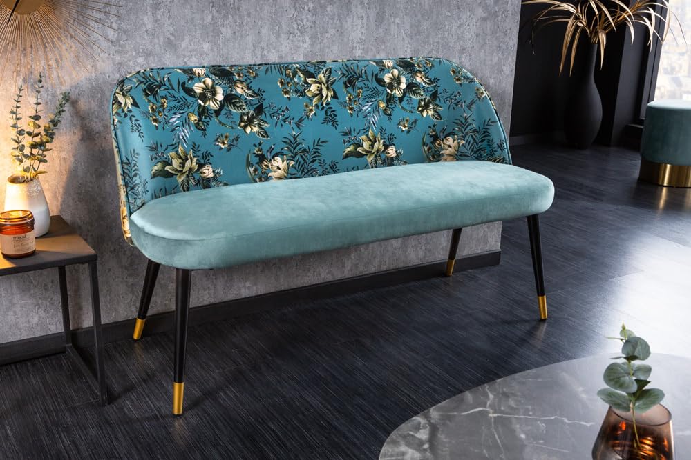 Riess Ambiente Design Bank PRÊT-À-Porter türkis Samt florales Muster und goldene Fußkappen