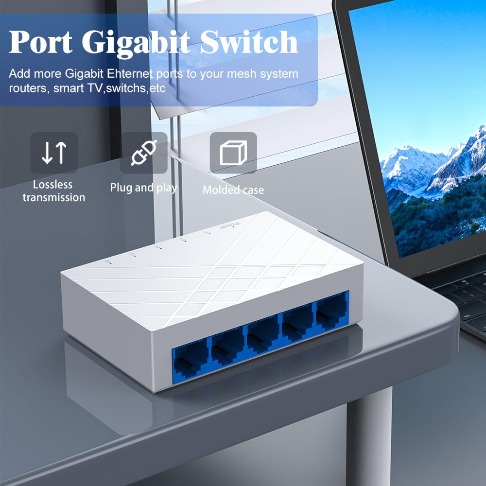 5 Port Gigabit Ethernet Switch Unmanaged - Desktop Network Switch with Plug & Play, Fanless Design for Home Office, Gaming, Streaming - Ethernet Splitter, Internet Hub, Computer Networking