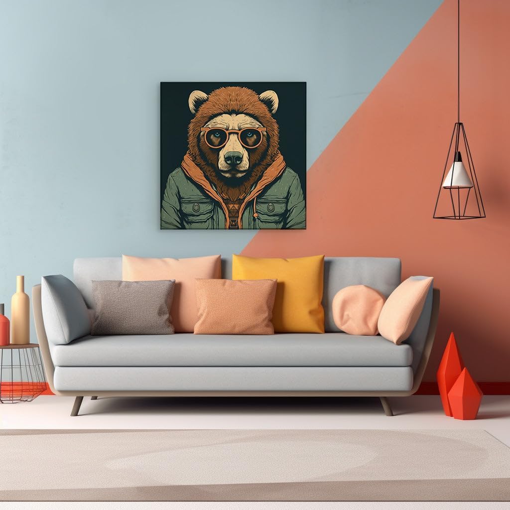 Canvas for Living room. Stylish Brown Bear: A Hipster Icon Emerges from the Shadows, 27 x 18 inch Canvas Wall Art - Nature Home Decor - 69x46 cm (27x18 inch)