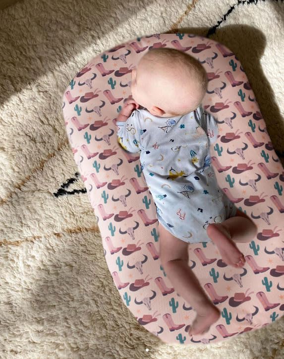 Image of Little Jump 2 Pack Baby Lounger Cover, Stretchy and Soft Newborn Lounger Cover, Infant Lounger Slipcover for Boys Girls, Covers Only Cowgirl Boots hat Highland Cows Floral (2 Pack Cowgirl)