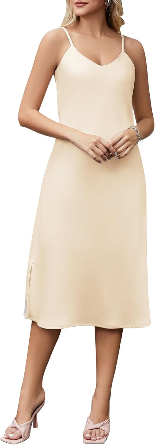 J.Corrine Women's Satin Slip Dress Lined V-Neck Midi A-line Spaghetti Strap Side Slits Evening Cocktail Party Formal Wear