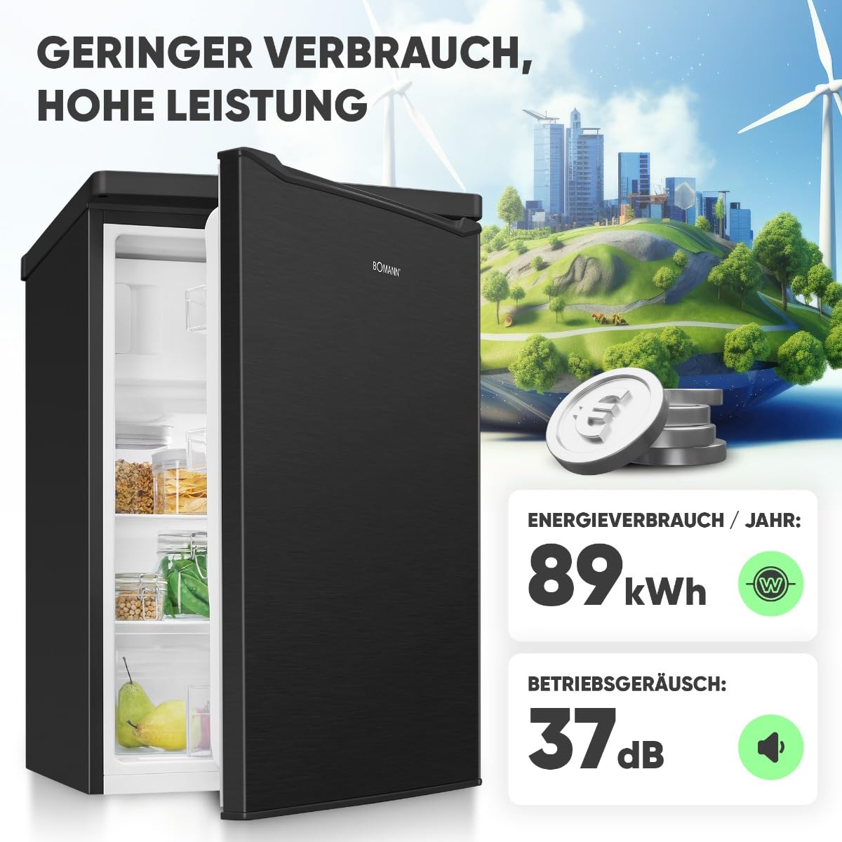 Bomann KS 7251 Kühlschrank mit Gefrierfach 109 Liter schwarz energieeffizient leise kompakt