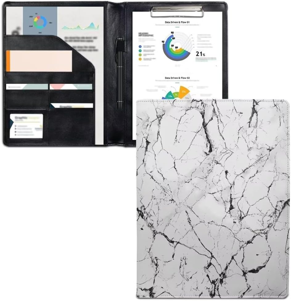 Coldinair White Marble Print Clipboard with Portfolio Notepad Planner Binder for Nurses Students Office and Women Legal Pad Low Profile Clip