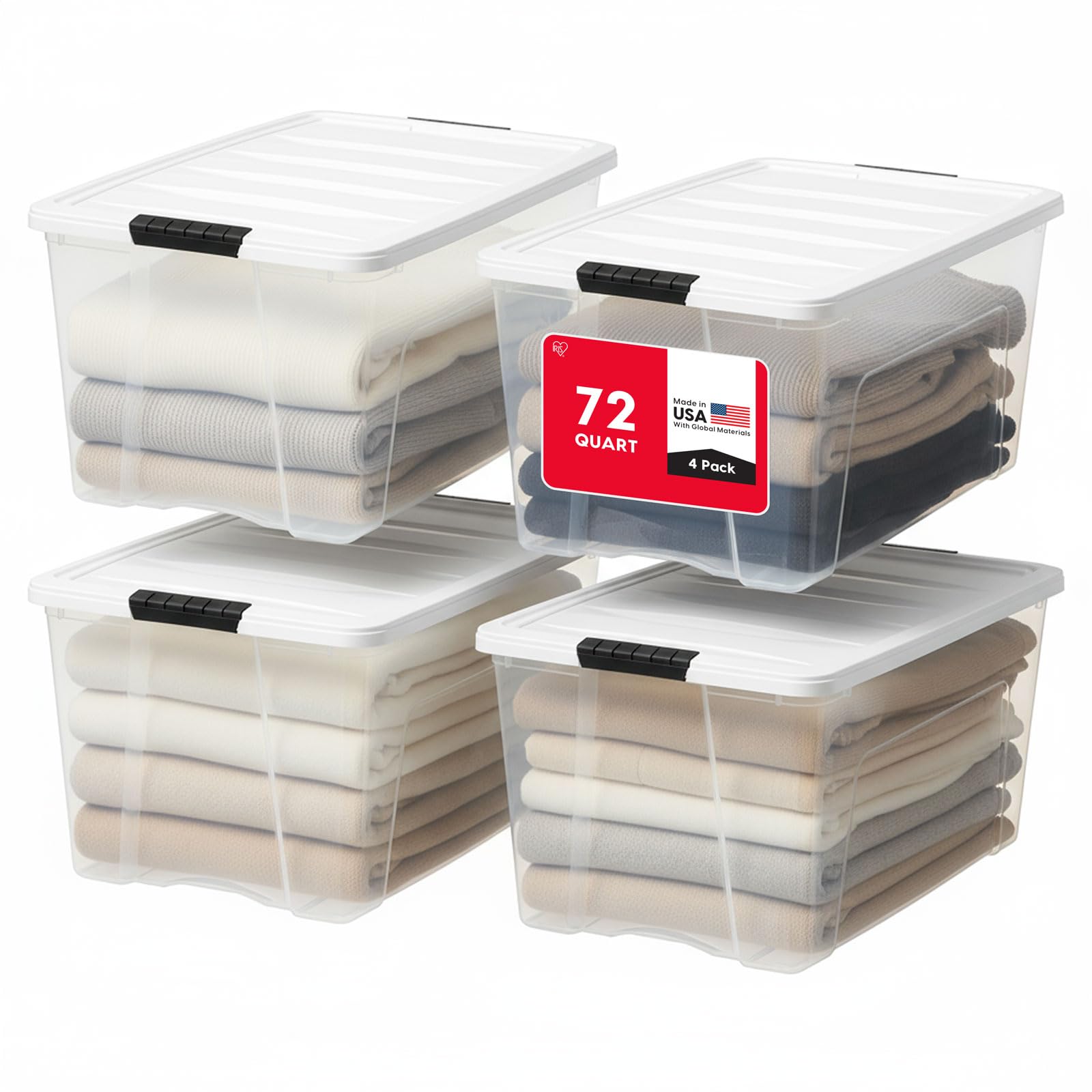 IRIS USA 72 Qt Storage Bins with Lids, 4 Pack, BPA-Free, Clear/White