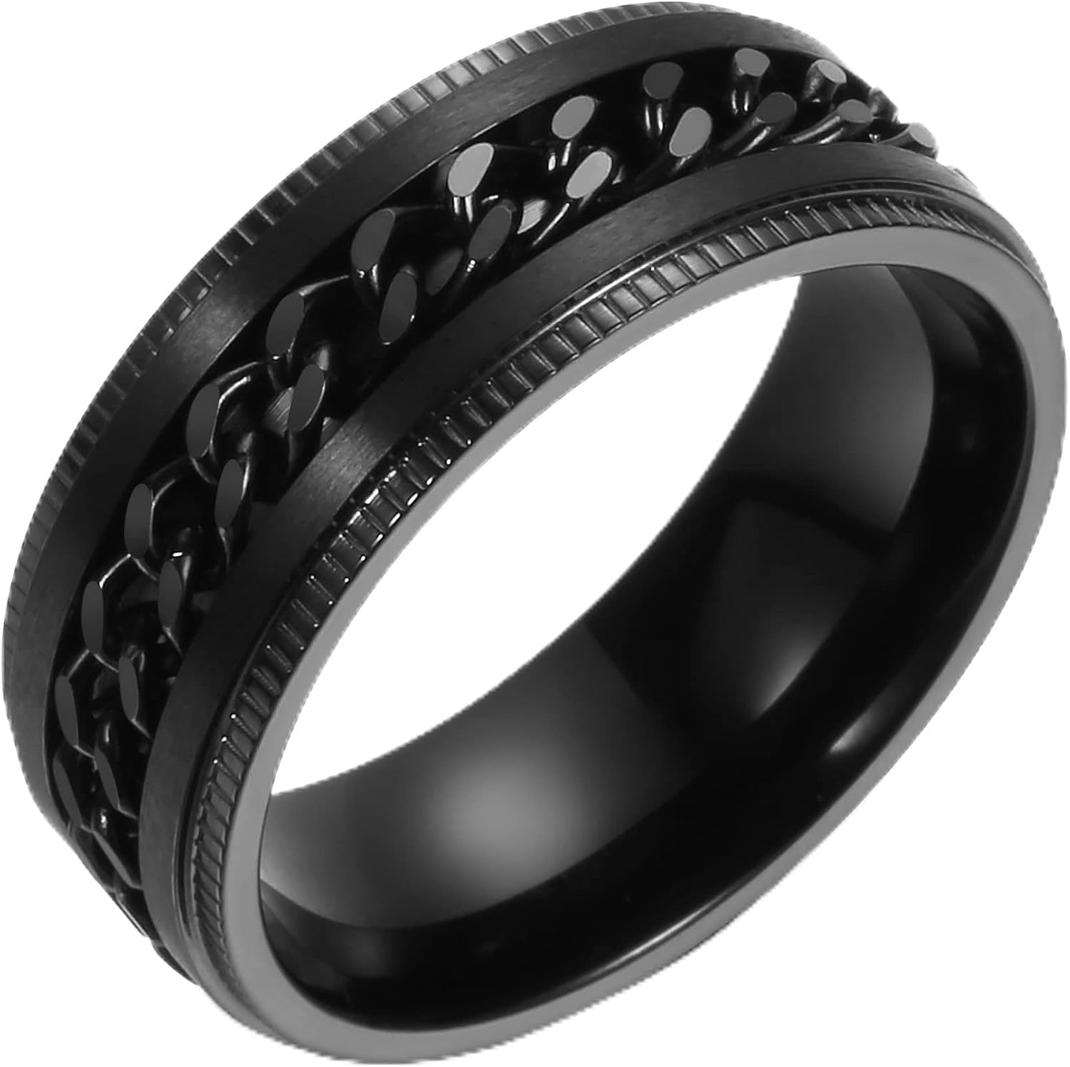 8mm 316L Stainless Steel Spinner Rotating Spinning Ring for Men Women Anxiety Relieving Fidget Chain/Greek Key/Viking Runes/Gear Pattern Center Wedding Band Comfort Fit 6-14