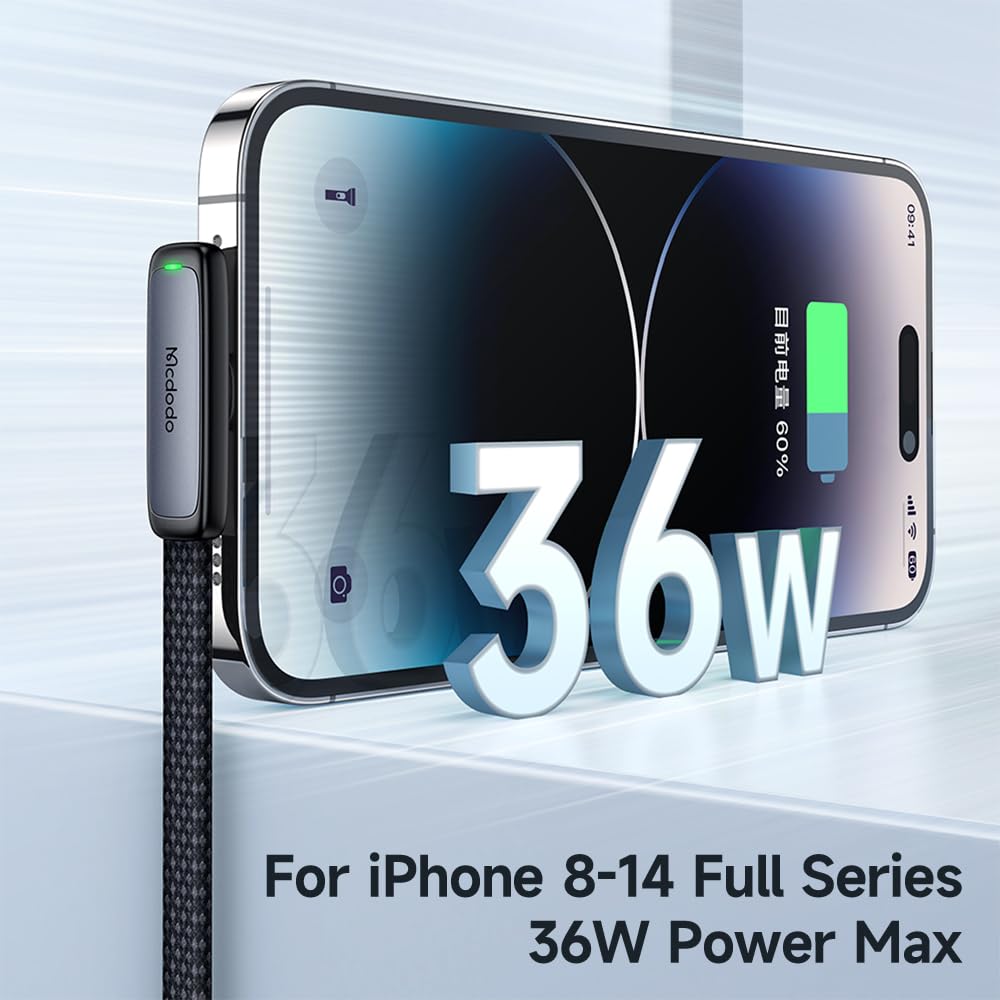 mcdodo Câble USB C vers Lightning 36 W pour iPhone - Câble de charge USB C court à 90° - En nylon C - Pour iPhone 14, 13, 12, 11, XS, XS Max, XR, X, 8, 8Plus, 7, 7Plus, 6s, 6s Plus, 6, 6 Plus, iPad