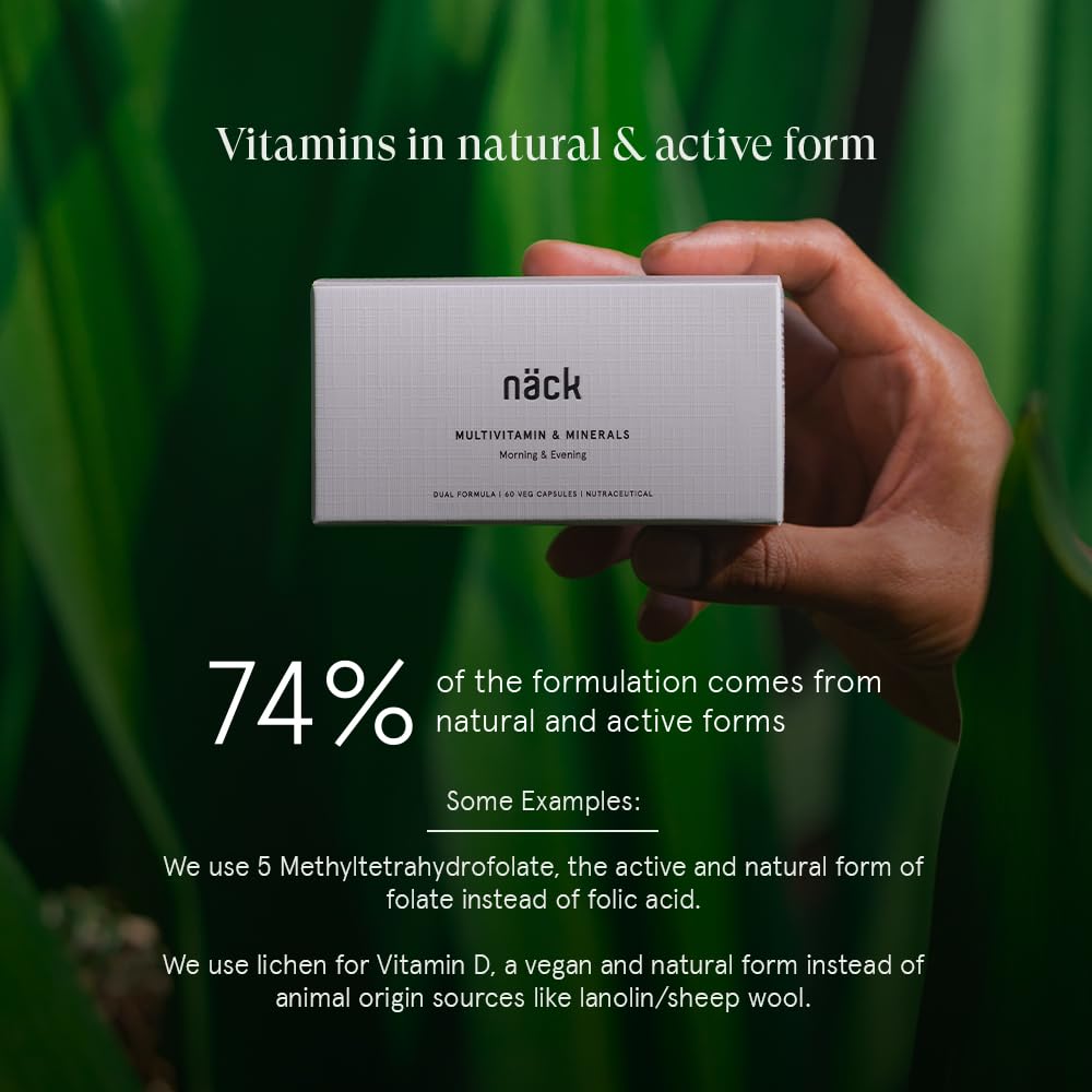 Näck Mtivitamin & Mineral Dual Formula | Morning and evening formula | Better exploiter | 21 required vitamins and 100% RDA for minerals. 60 Vegetarian Capsules Näck Mtivitamin & Mineral Dual Formula | Morning and evening formula | Better exploiter | 21 required vitamins and 100% RDA for minerals. 60 Vegetarian Capsules