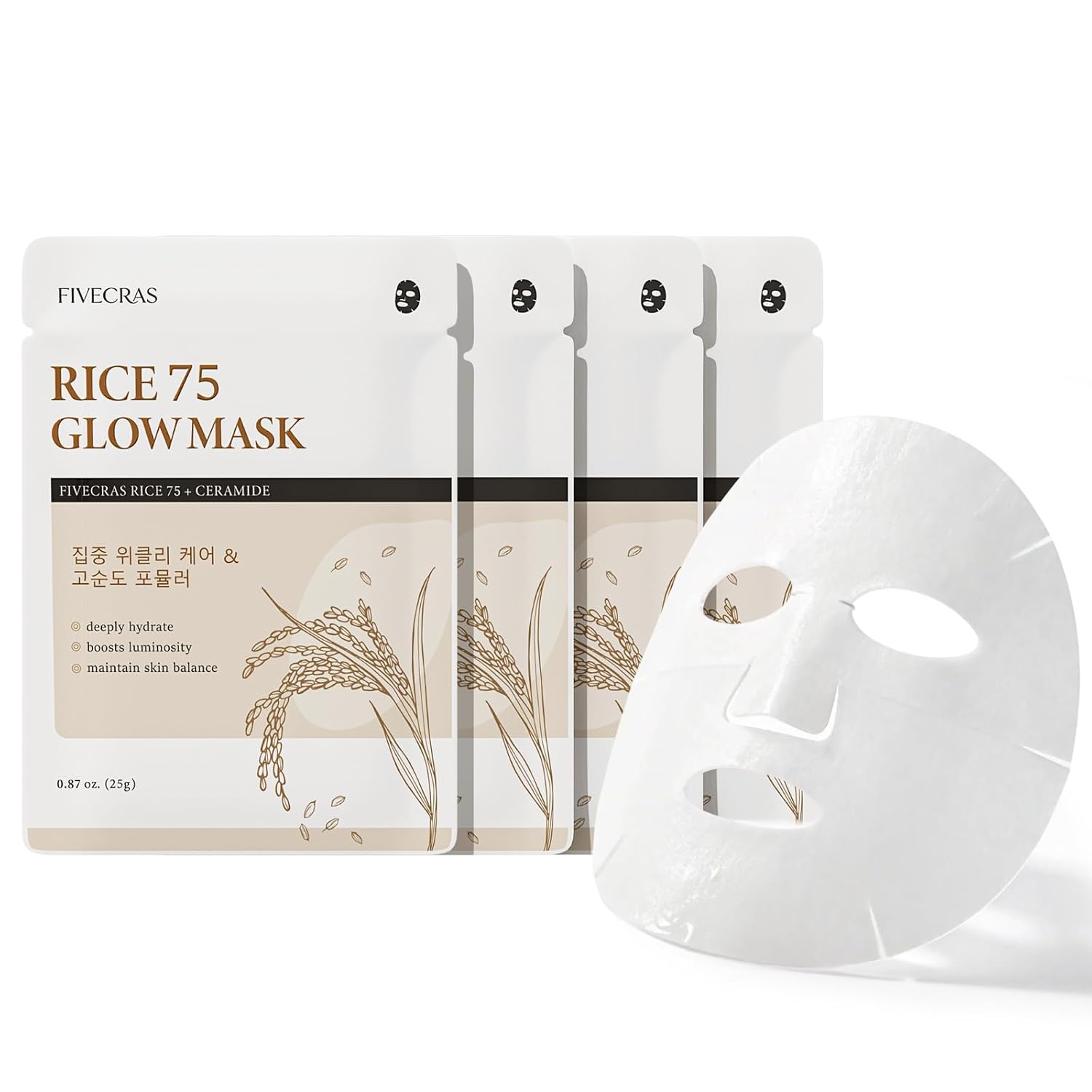 Collagen Rice 75 Glow Face Mask for Glass Skin - Overnight Hydrating Sheet Mask with Ceramide & Niacinamide, Brightening & Pore Tightening, 4 Packs, Korean Skin Care