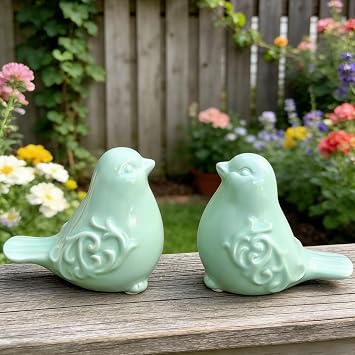 2PCS Ceramic Bird Figurines Decorative Bird Ornaments Statue for Home Garden Decor Green