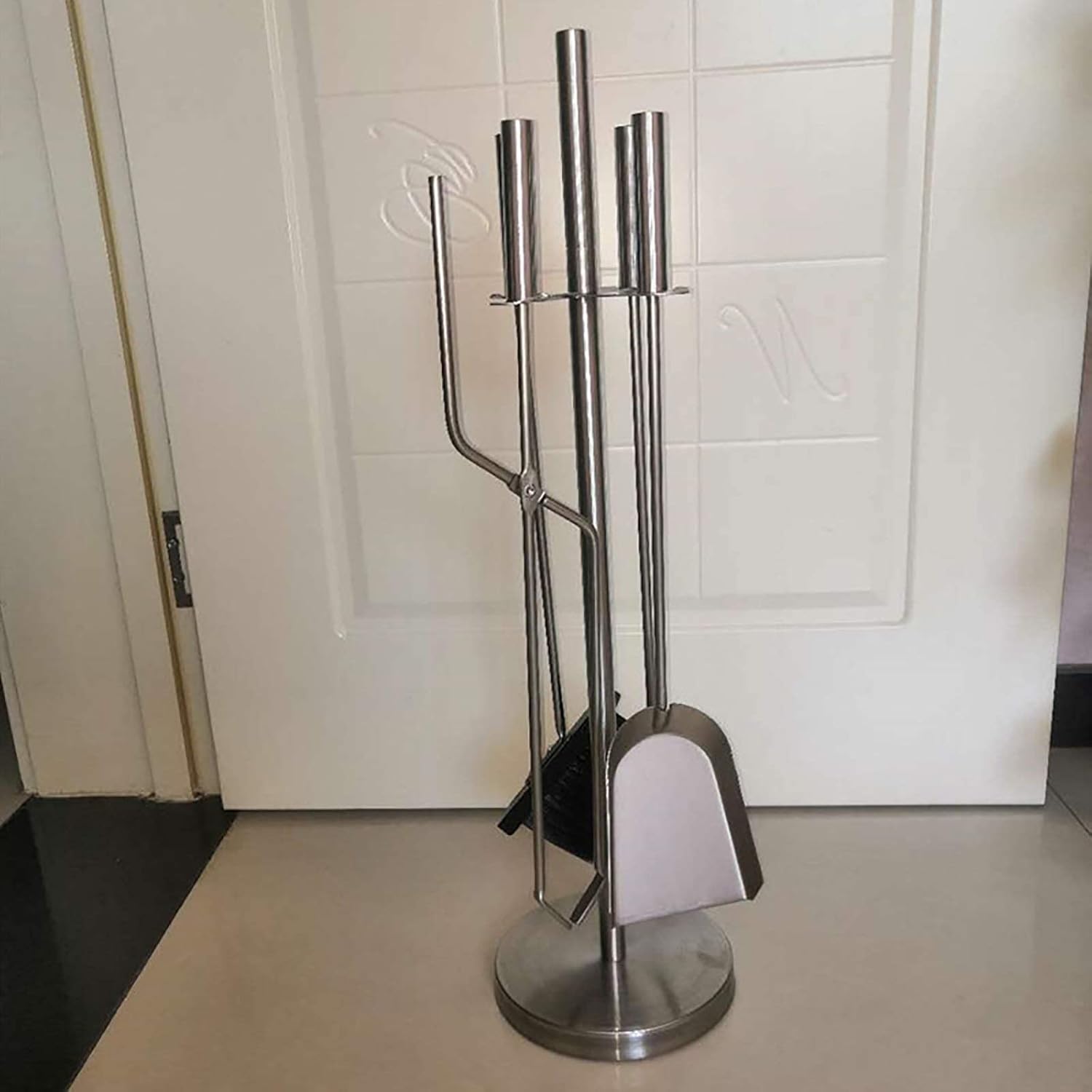 Modern 5-Piece Fireplace Companion Tool Set - Shovel, Broom, Tongs, Poker & Holder, Stainless Steel, Silver