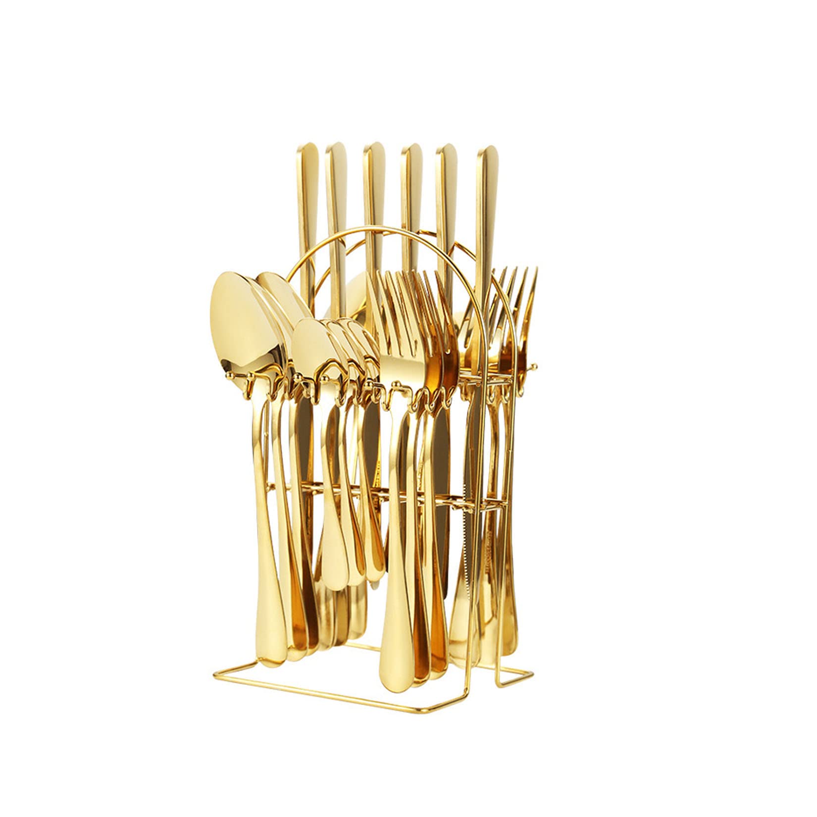Ensemble D'argenterie Avec Support De Rangement, Ensemble De Couverts Réutilisables En Acier Inoxydable, Couteau Occidental, Fourchette Et Cuillère 24 Pièces, Passe Au Lave-Vaisselle,D'or