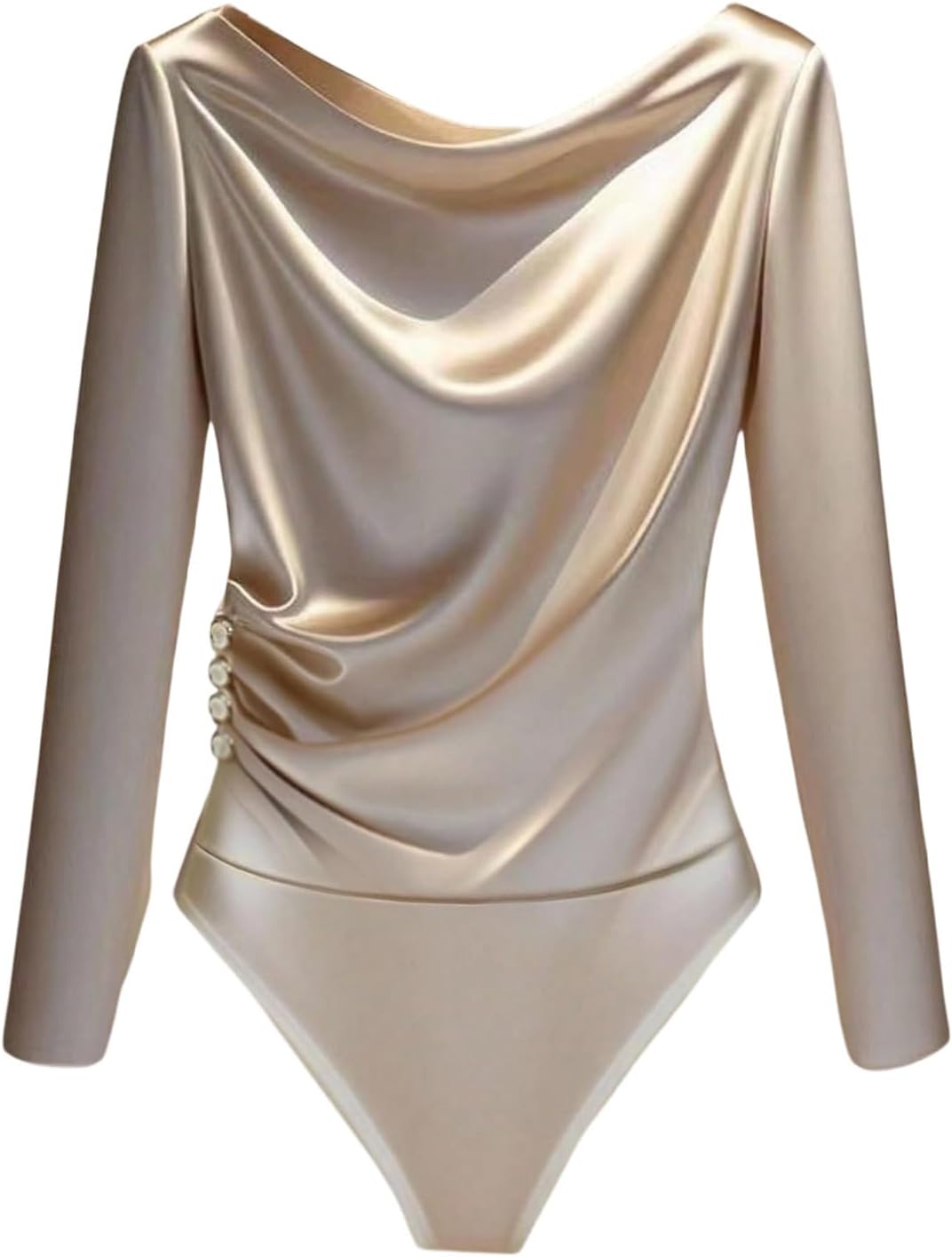 GORGLITTER Women's Draped Long Sleeve Bodysuits Satin Ruched Dressy Body Suit Tops Business Casual Leotards