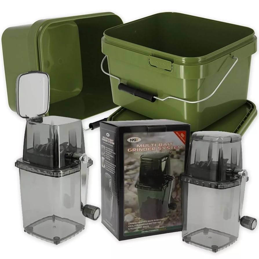 Bait Grinder System & 5L Square Bait Bucket Boilie Crusher For Ground Bait PVA Bags & Bait Boats Airtight Lid Sturdy Metal Handle With Polymer Grip Fishing Bait Storage & Preparation