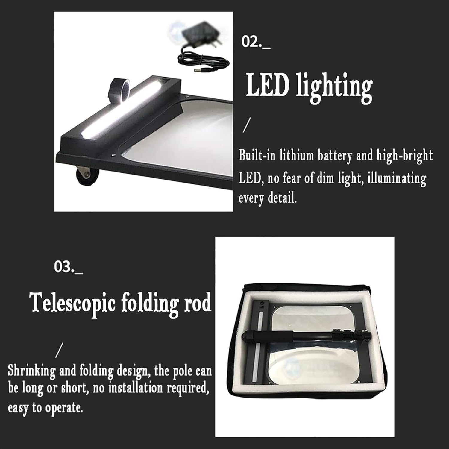 Telescoping Inspection Mirror, Under-Vehicle Inspection Mirror, Freely Retractable Acrylic Square Wide-Angle Convex Mirror, Built-in LED Light and Lithium Battery, Telescopic Range: 45-120CM