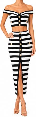 Women Summer Off Shoulder Striped Two Piece Mini Bandage Set