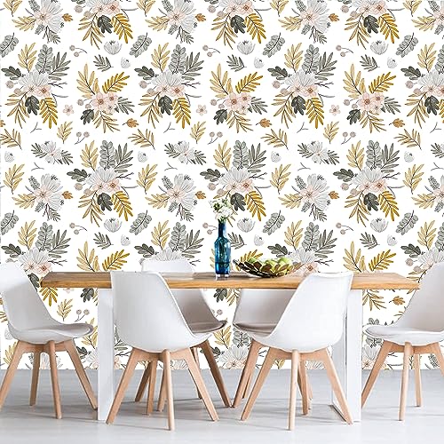 Tx-Arts Floral Wallpaper Peel And Stick Wallpaper Self Adhesive Wall Paper For Home Wood Removable Wallpaper Yellow/White For Kitchen Furniture Nursery On Background Decorative 17.3" X 118" #TOP5