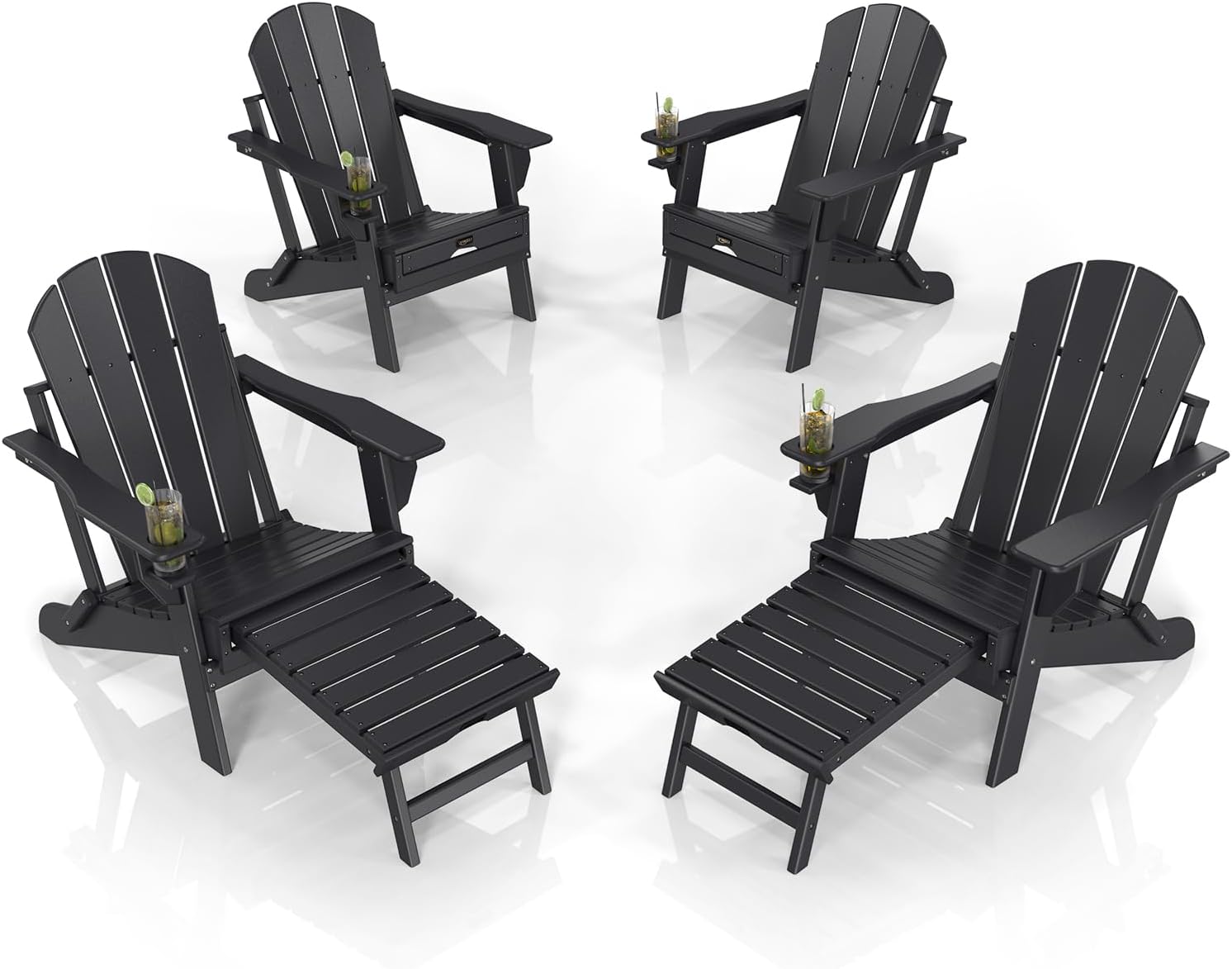 VINGLI Folding Adirondack Chair Set of 4 with Ottoman, Waterproof Plastic HDPE Firepit Chair for Outside with Hidden Footrests, Foldable Ergonomics Seating for Patio Porch Yard Garden(Black)