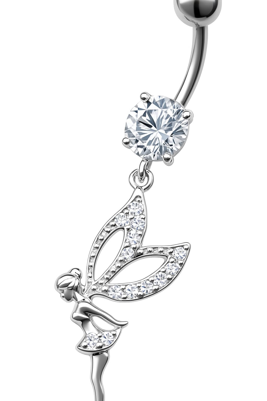 Piercing para el ombligo, plata de ley 925 y circonita, cristal de acero quirúrgico 316L, plátano, piercing para el ombligo, 1,6 x 10 mm, alas de hada elfe, niña, color blanco