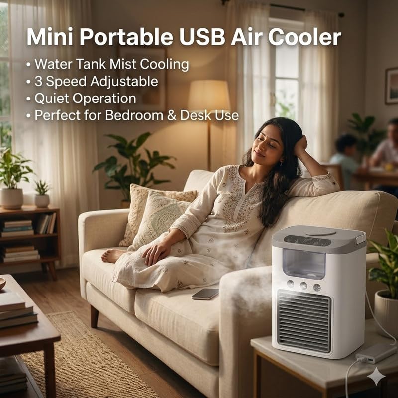 Image of (10 Years Assured Warranty) USB Powered Mini Air Cooler Fan with Water Tank Portable AC Mist Spray 3 Speed Adjustable Cooling for Bedroom Office Desk Use