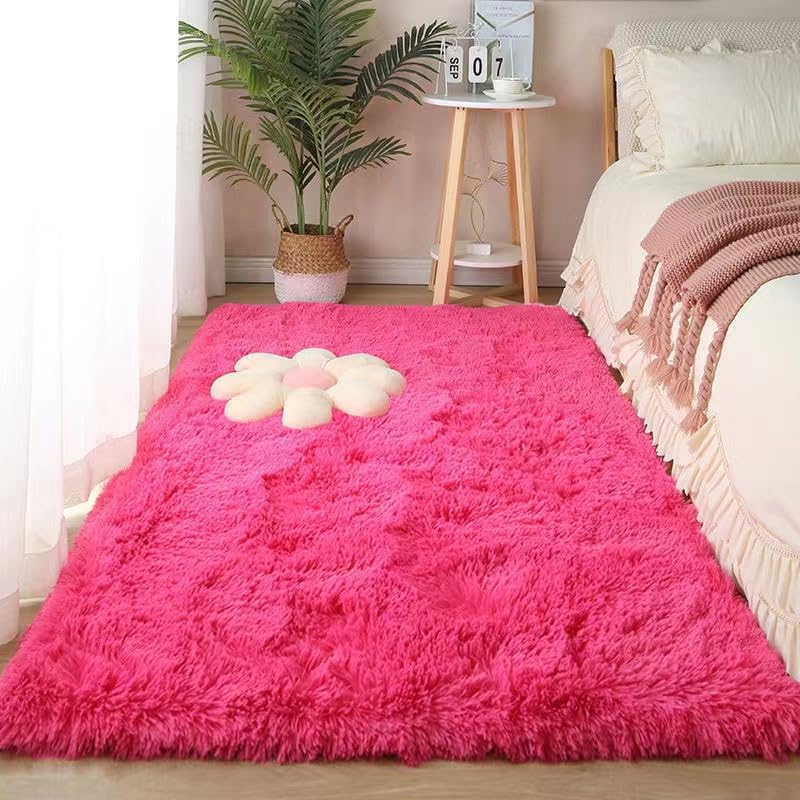 Shaggy Rug for Bedroom, Soft Fluffy Area Rugs Living Room, Washable Rug Antiskid Shaggy Carpets for Home Decor, Dorm, Kids Room Lounge Office,Rose Red,40x60cm