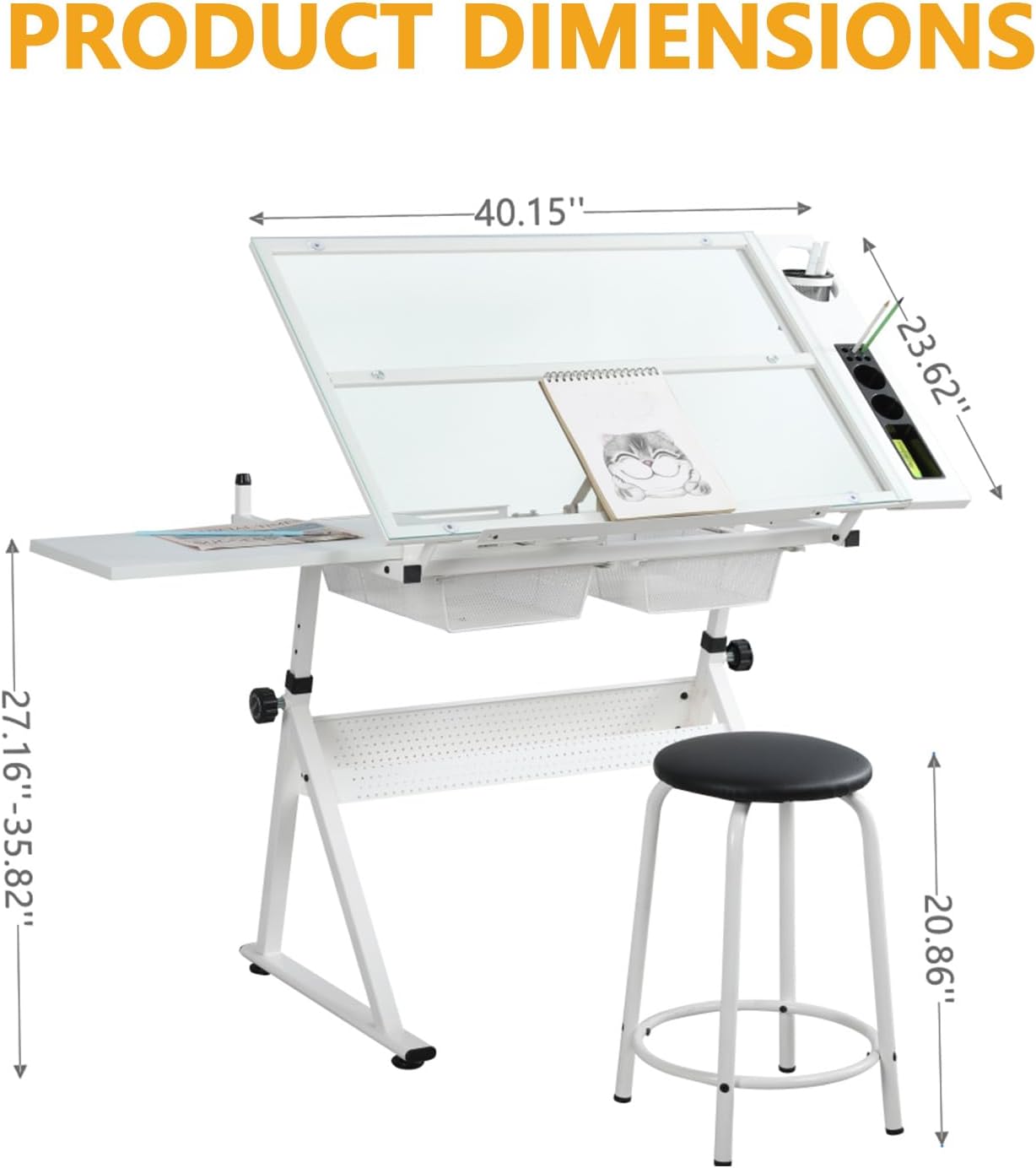 Majnesvon 0-75° Tilting Drafting Table with Tempered Glass Tabletop, Professional Drawing Table with Stool for Sketching and Painting, Hobby Desk with 2 Storage Drawers & Side Strips (White)