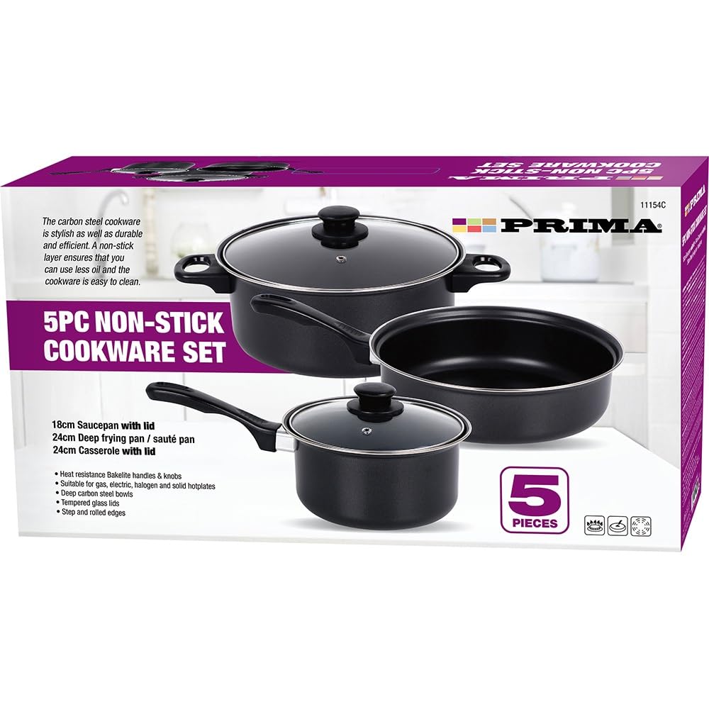 5 Piece Cookware Set with Lids & Bakelite Handle - Carbon Steel Non Stick Cooking Pan Saucepan Set Pot and Frying Pans | for Gas, Electric, Halogen and Solid Hotplates - Tempered Glass Lid, Black