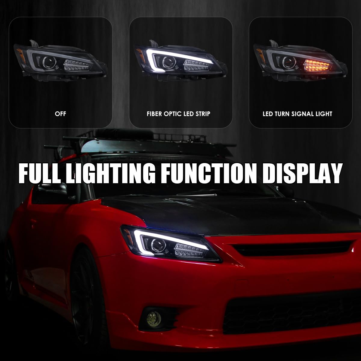 SPEC-D TUNING Black Smoke Projector Headlights w/LED Signal & LED Strip Compatible with 2011-2013 Scion tC, Left + Right Pair Headlamps Assembly