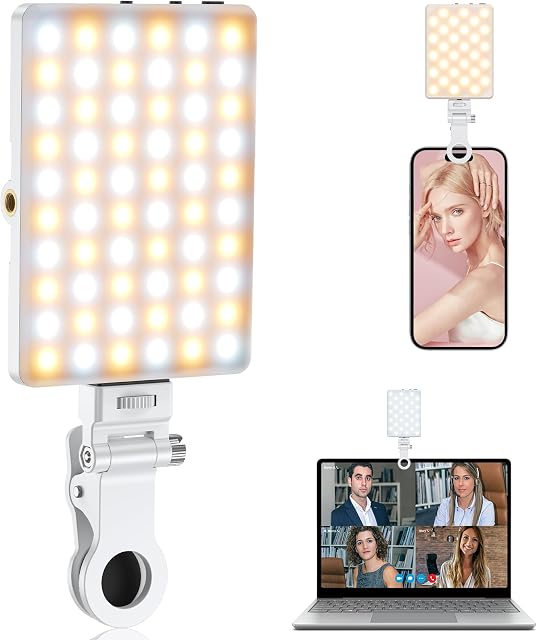 TONEOF Oświetlenie telefonu komórkowego do selfie,60LED,ładowalna lampka do telefonu z klipsem i podwójnym otworem na śrubę 1/4 cala, lampa do aparatu 2500-9000 K do telefonu, laptopa, tabletu-Biały