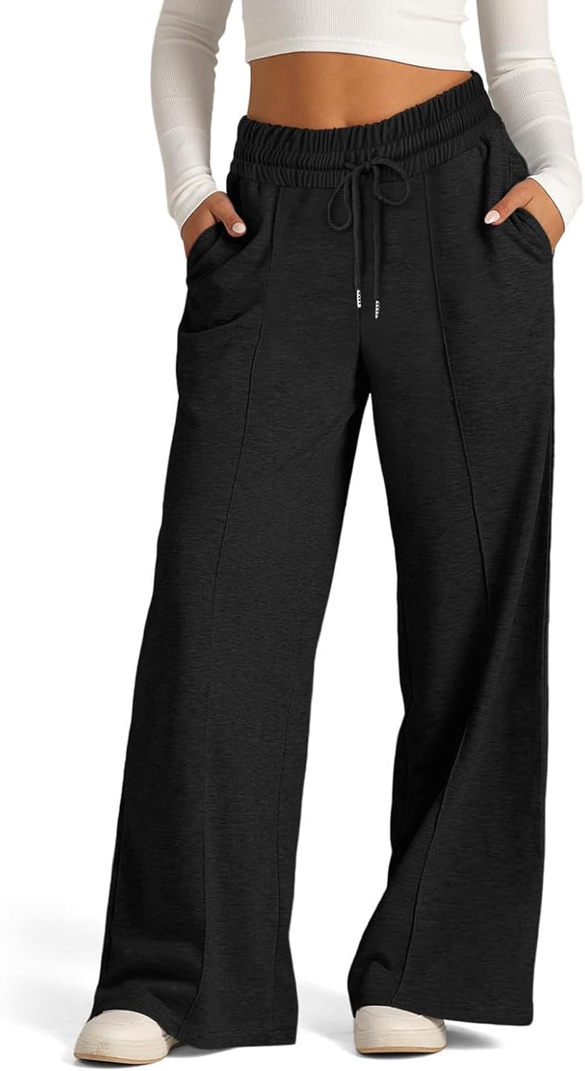 Womens Wide Leg Sweatpants - Baggy High Waisted Lounge Travel Pants with Pockets Joggers for Women