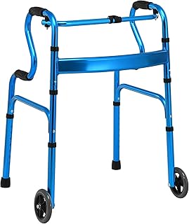 Nightcore Aluminum Alloy Folding Walker up to 440 LBS, Stand-Assist Foldable Walker w/ 2 Wheels & Bi-Level Armrests, Height Adjustable Mobility Aid, Rehabilitation Auxiliary Aid for Elderly (Blue)