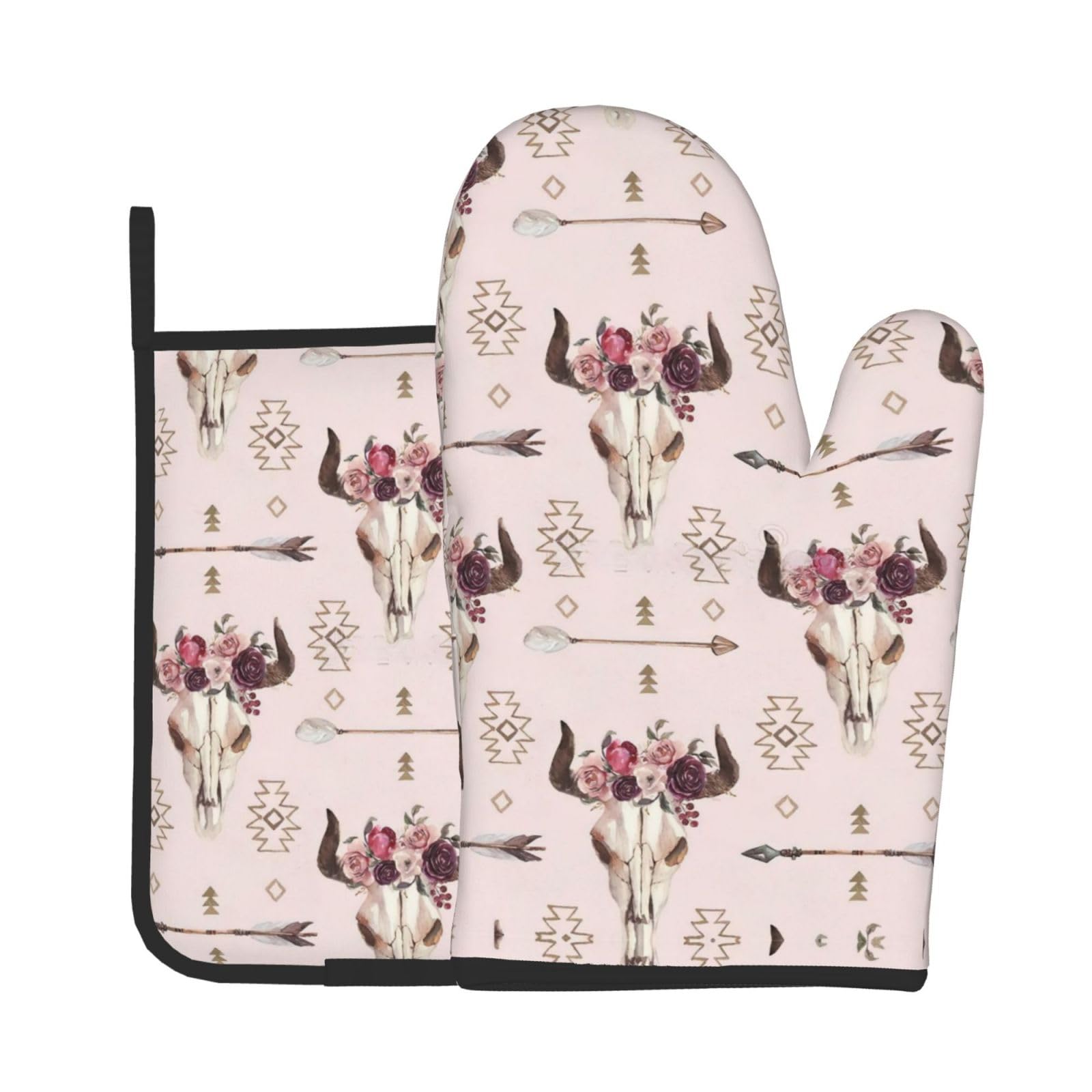 Bull Skull Tribal Kitchen Baking Two-Piece Set,Multipurpose Oven Gloves,Used for Barbecue Kitchen Baking
