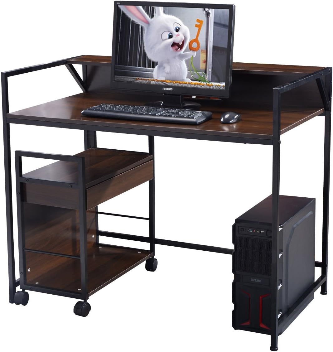 Officelax Computer Desk Modern Simple Style Home Office Desk 43" Large Size PC Laptop Study Table Workstation Writing Desk With File Cabinet Cart for Home and Office (Walnut)