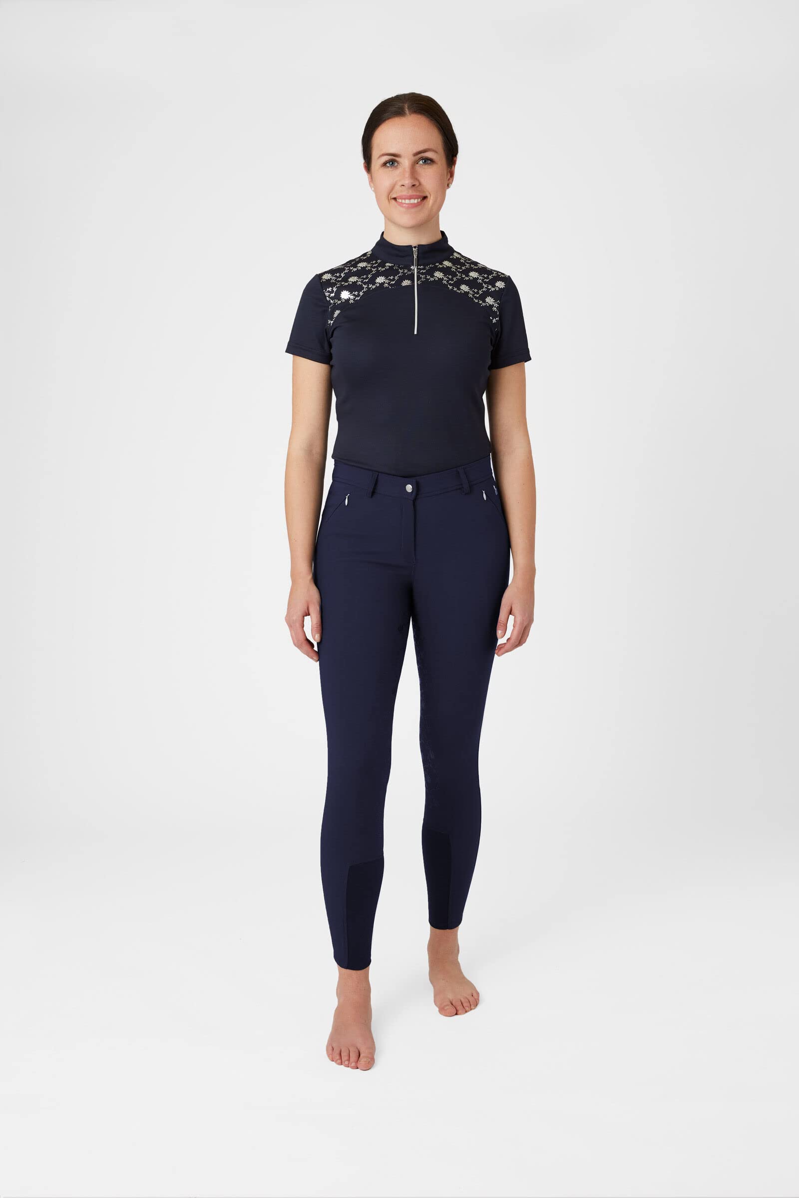 HORZE Kaitlin Women's Flower Pattern Silicone Full Seat Breeches with Phone Pocket - Peacoat Dark Blue - 28