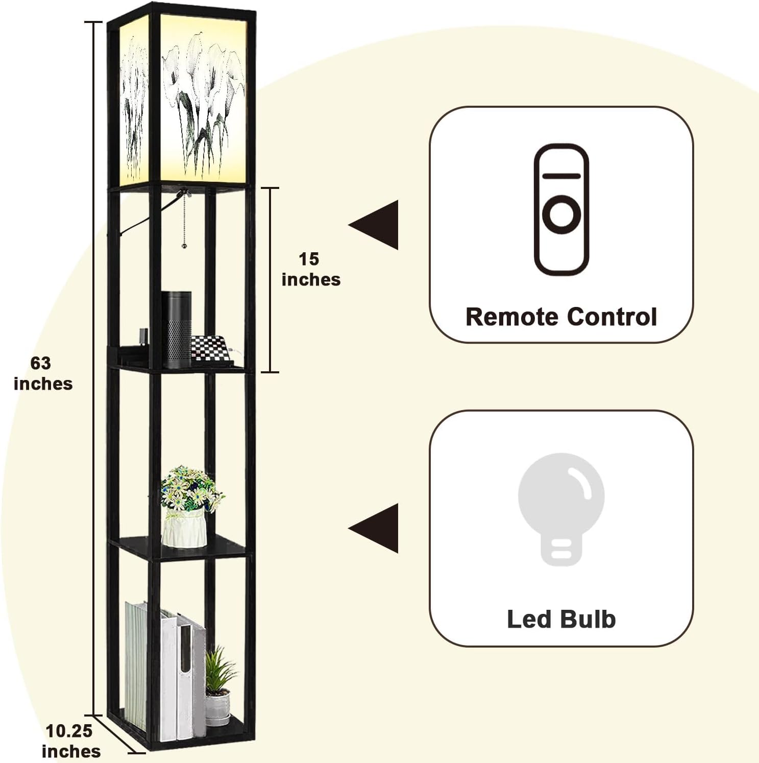 Floor Lamp with Shelves Lilies Calla Set Sketch Hand Drawn Doodle Style Standing Tall Lamp USB Ports & Power Outlet Modern Corner Lamp Nightstand Light for Living Room Bedroom