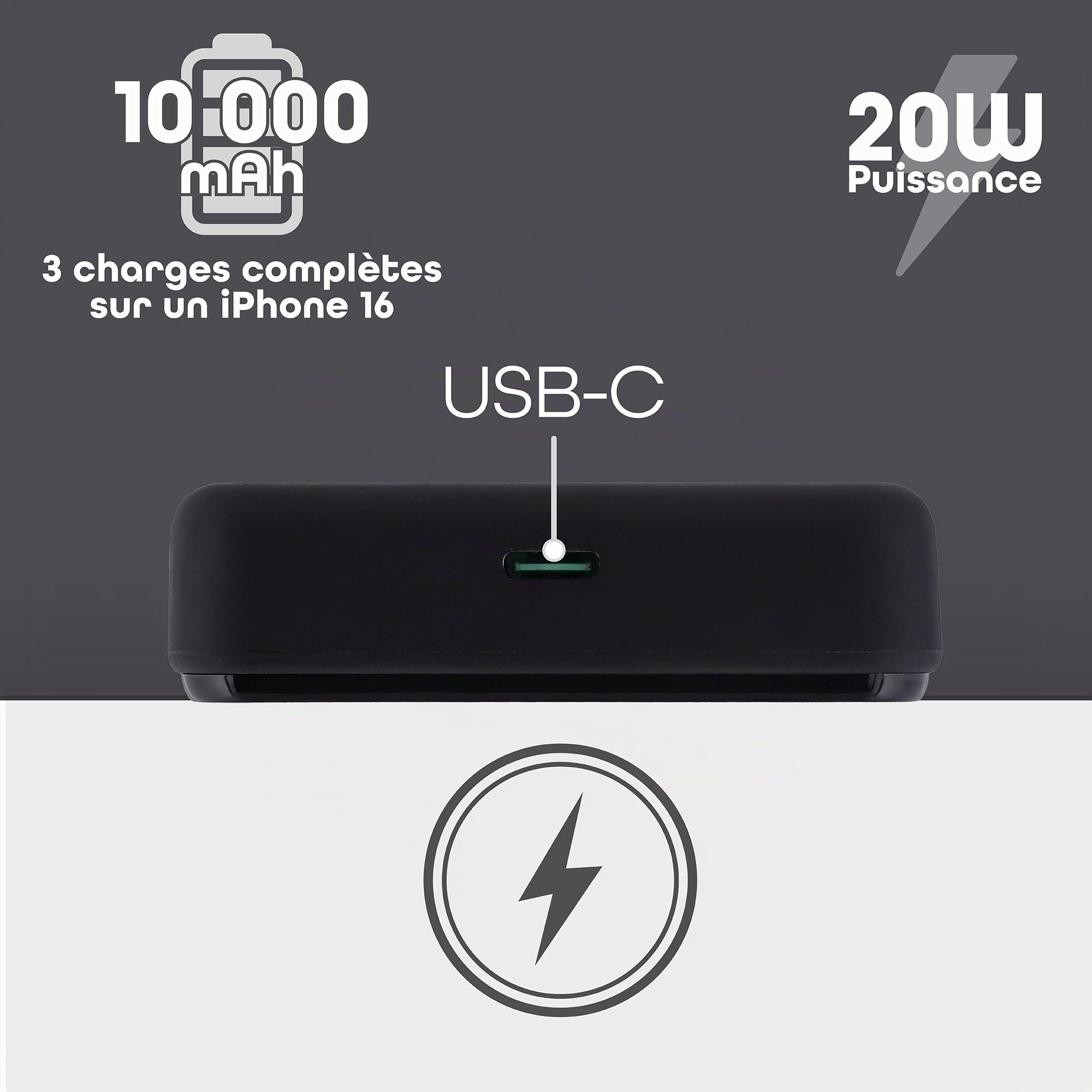 T'nb - Batterie de Secours MagSafe 10 000 mAh, Recharge sans Fil et USB-C 20W, Fonction Support Intégré, Indicateurs LED, Plastique Recyclé - Gris