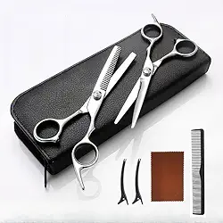 Conjunto de tesouras de corte de cabelo, tesouras profissionais para corte de cabelo, kit de tesoura de desbaste com pente e estojo para homens, mulheres, uso doméstico