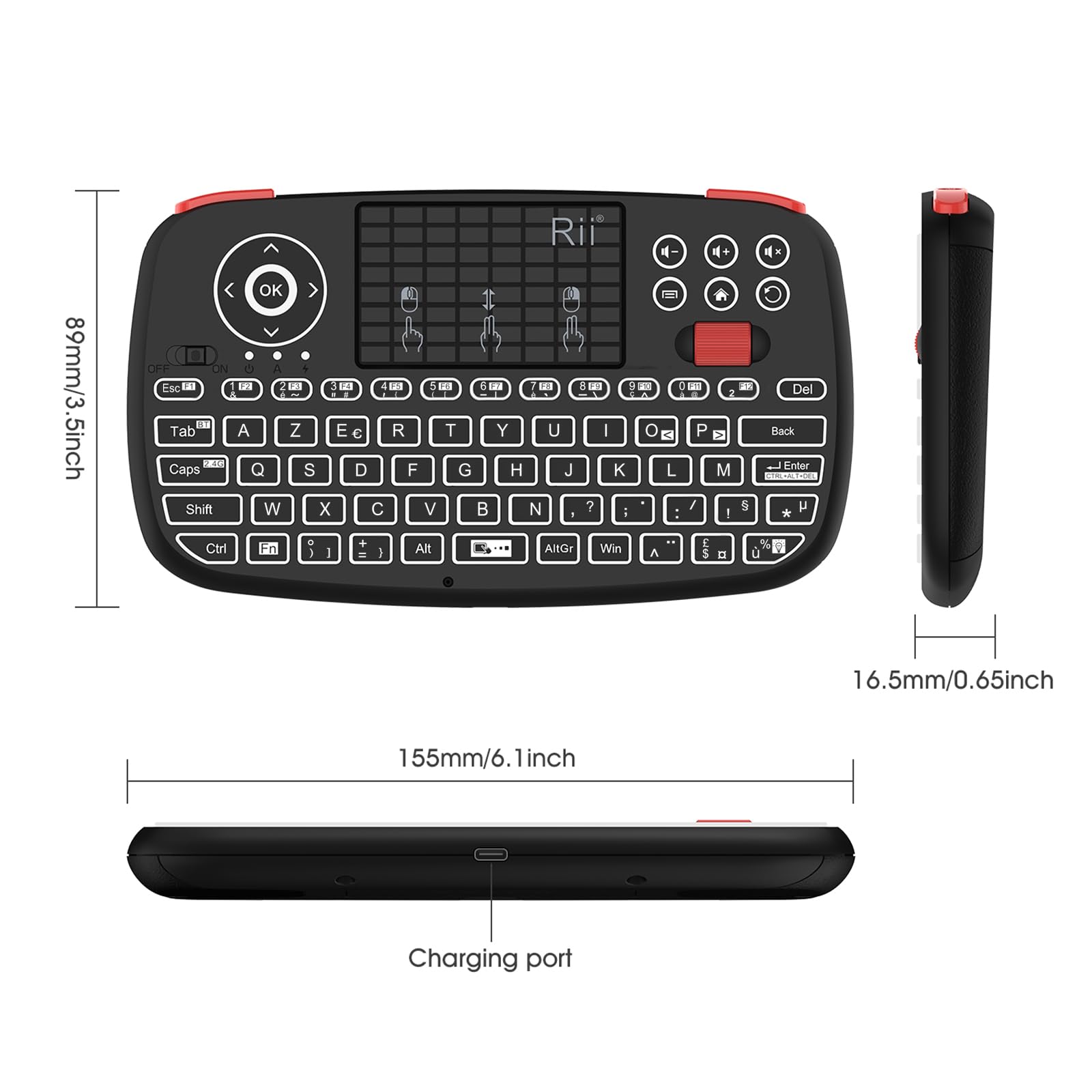 Rii i4 Mini Clavier sans Fil Bluetooth & 2.4 GHz (AZERTY) avec pavé Tactile, LED Backlit, Batterie Rechargeable pour iOS Windows Android tablettes, Raspberry Pi2, Linux et Ordinateur