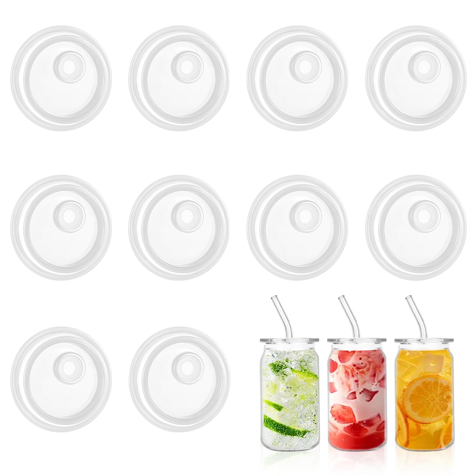 Photo 1 of 10 Pcs Acrylic Lids for 16 Oz Glass Cups, Candy Color Can Straw Lids for Glass Cups Acrylic Replacement Reusable 16oz for 2.3 inch/58 mm Internal Diameter Iced Coffee Cup Beer Can Juice Soda Milk Tea