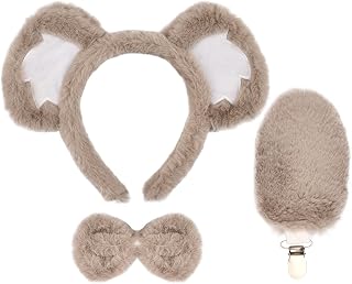 Plush Koala Costume Accessories Set, Furry Ears Headband with Tail and Bow, Gray