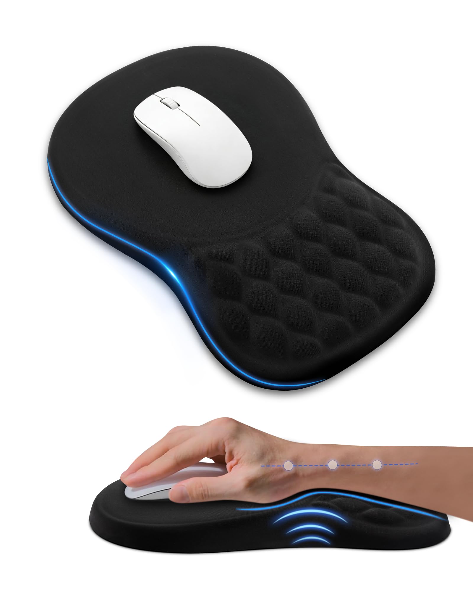 Ergonomic Mouse Pad with Wrist Rest, Slope Design Memory Foam Support, Smooth Lycra Surface, Non-Slip PU Base, Comfortable Mouse Mat for Office, Home, Computer Desk, Black