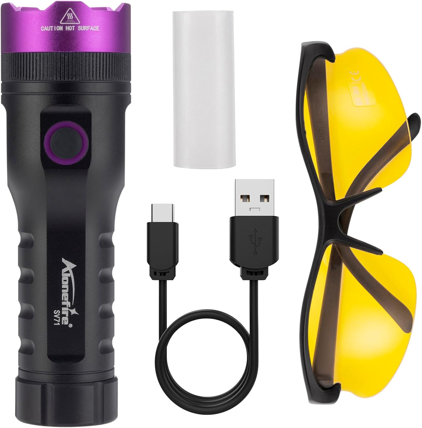Components of the Alonefire SV71 package including flashlight, battery, USB cable, and glasses