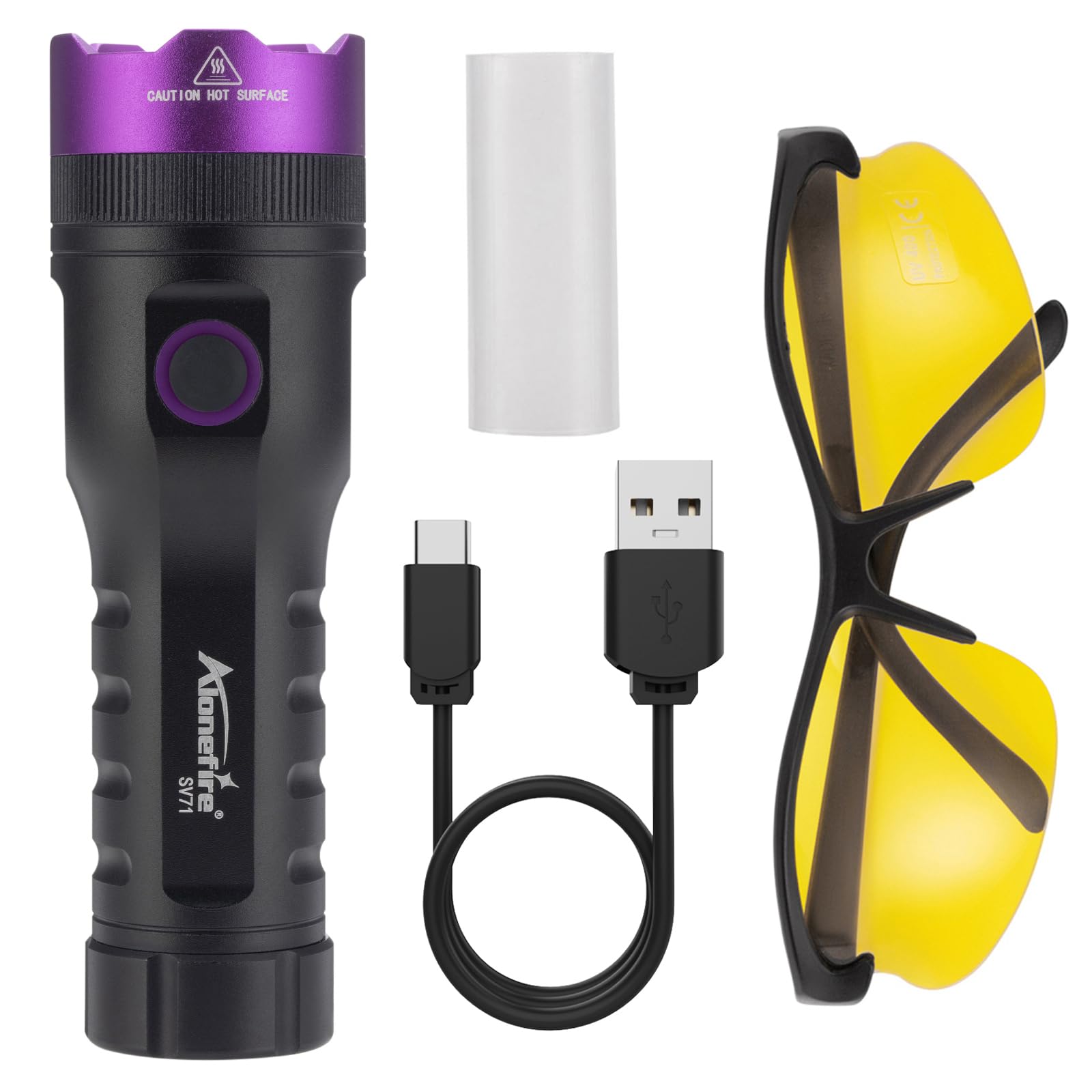 Alonefire SV71 15W Lampe Torche UV LED 365nm Rechargeable par USB Chargement Inversé Ultraviolet Lumiere Noire Détecteur D'urine pour Resine, Minéraux, Ambre avec Lunettes de Protection UV, Batterie