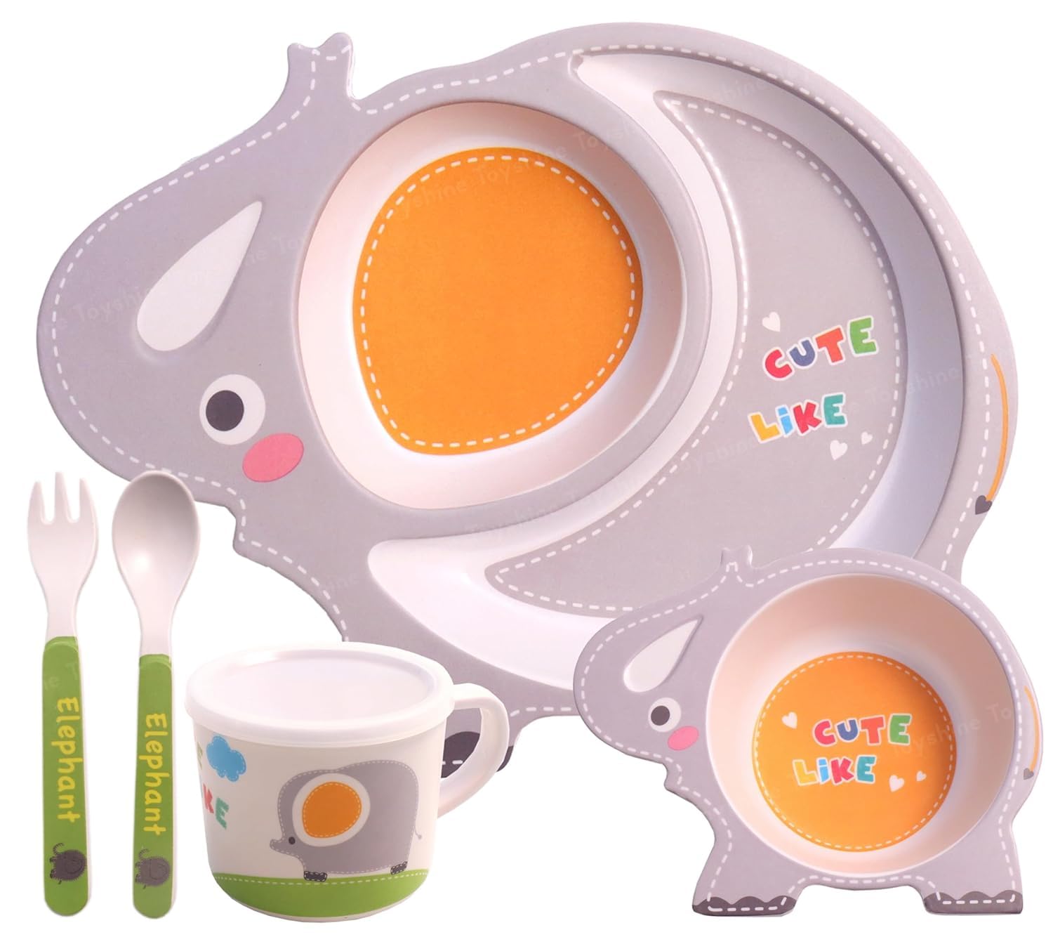 Bamboo Fibre Dinner Set for Kids, Set of 5 Bamboo Fiber Baby Feeding Set, Kids Tableware Made with Eco-Friendly Bamboo (RS-5008-Elephant)-image-44