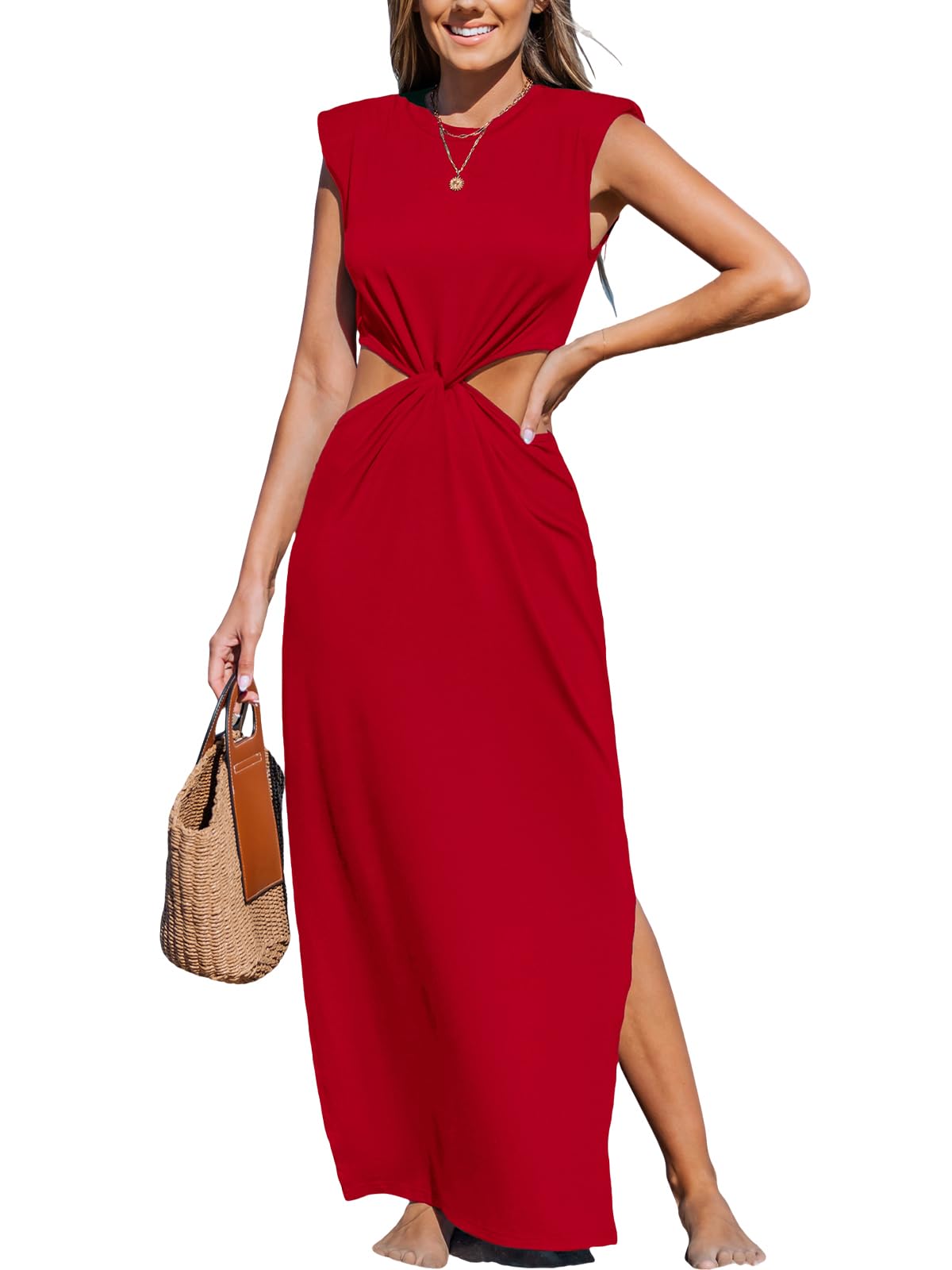 CUPSHE Robe longue d'été sans manches avec fente latérale et épaules rembourrées pour femme