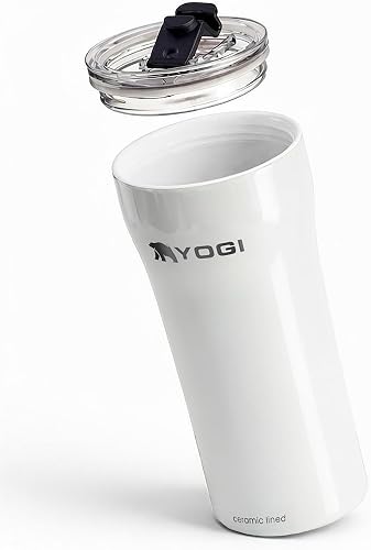 YOGI Ceramic Lined Metal Allergy Safe 16oz Coffee Tumbler with Leakproof Lid BPA Free Vacuum Insulated Stainless Steel Cupholder Friendly Travel Cup for Coffee and Water Porcelain
