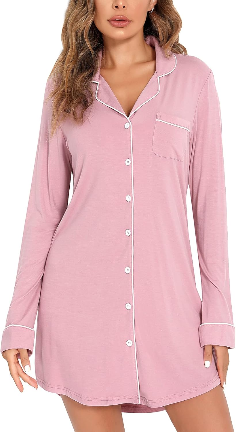 Samring Pajama Nightgown for Women Short/Long Sleeve Button Down Nightwear Top Boyfriend Sleep Shirts Nightdress S-XXL - Image 3